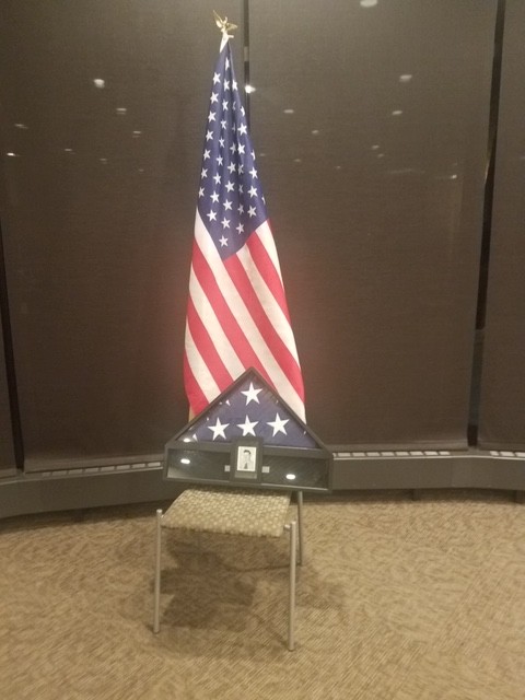 These were the same flags that Joe had brought to the 2018 Fall Meeting -  a service flag Presented at his father Vincent Karpowicz’s military funeral, and one which belonged to Sue’s father Roy Lindvall.